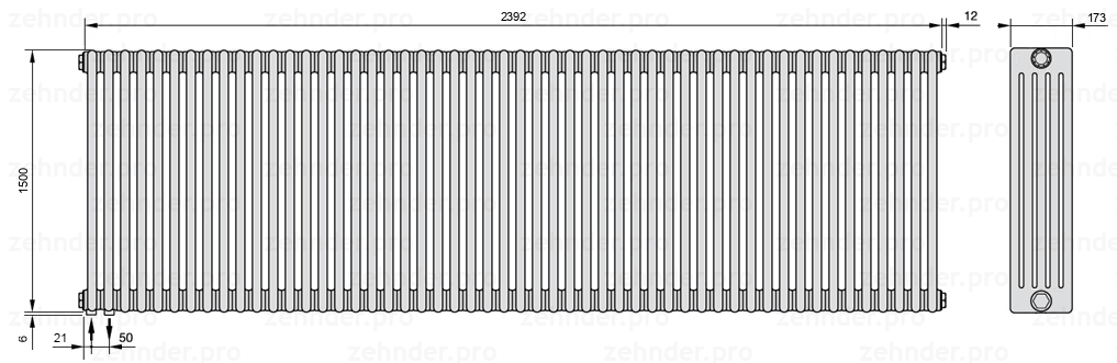 Схема (чертеж) Радиатор Zehnder Charleston 5150/52 №3370 Белый глянцевый RAL 9016